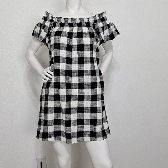 Corey Lynn Calter Black White Preppy Gingham Off The Shoulder Mini Dress Size XS - Picture 2 of 14